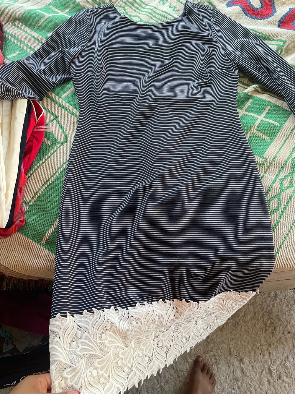 Daniel Cremieux Navy and White Striped Long Sleeve Dress with Lace Hem
